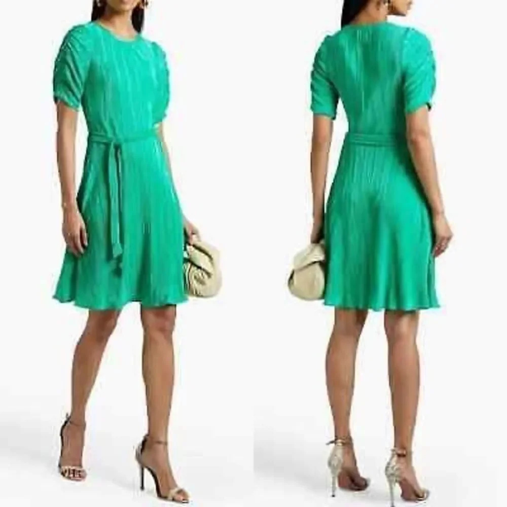 DKNY Belted Plissé-satin Dress - Green- Sz 10